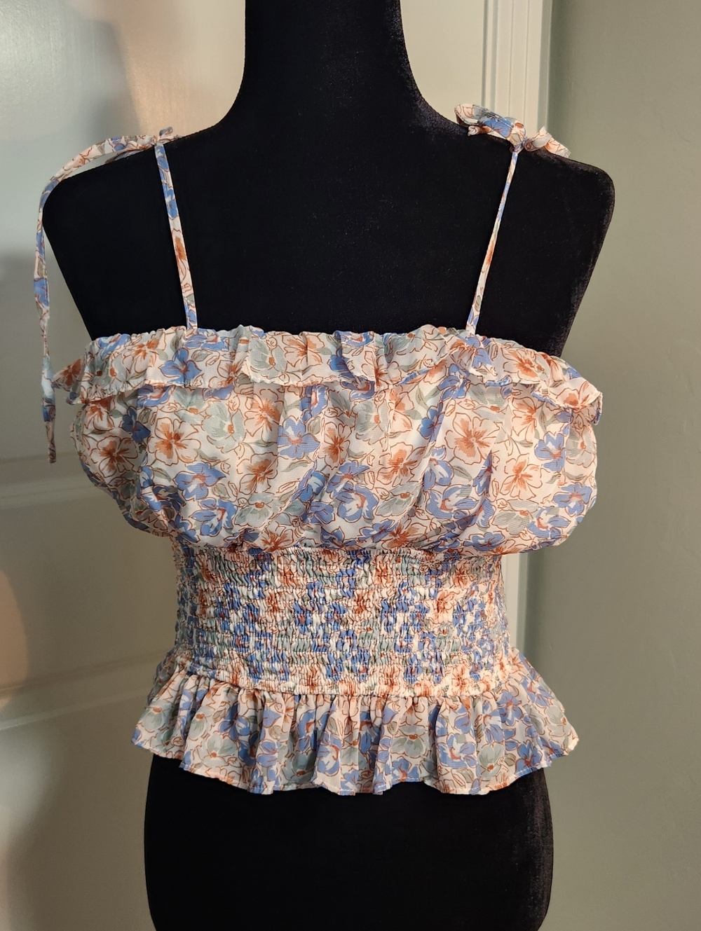 Floral Smocked Peplum Cami Top - Blue & Peach